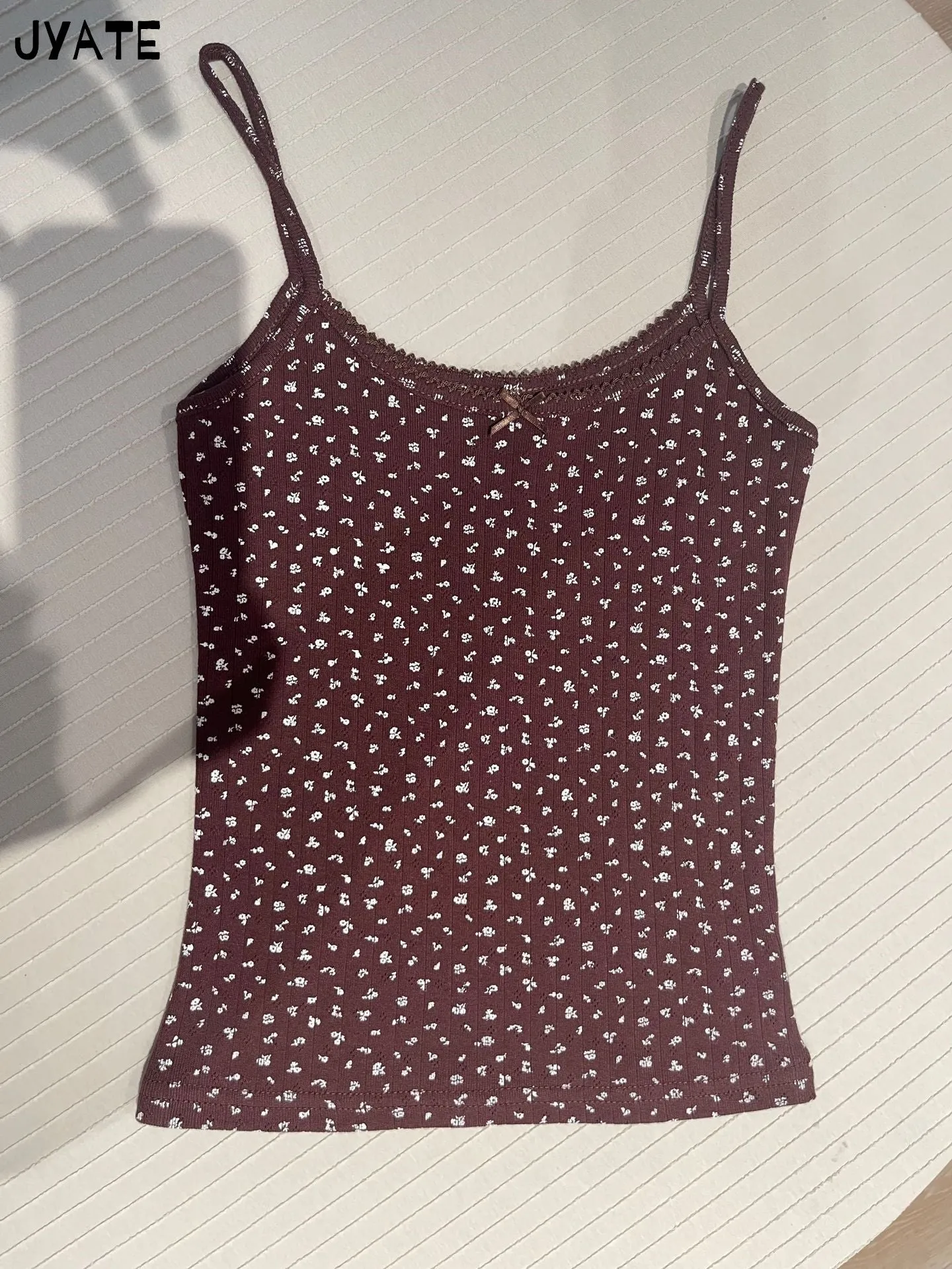 JazzHer Vintage Floral Print Eyelet Bow Cropped Vests Women Streetwear Casual Slim Lace Trim Camis Sweet Preppy Style Cute Tank Tops Y2K