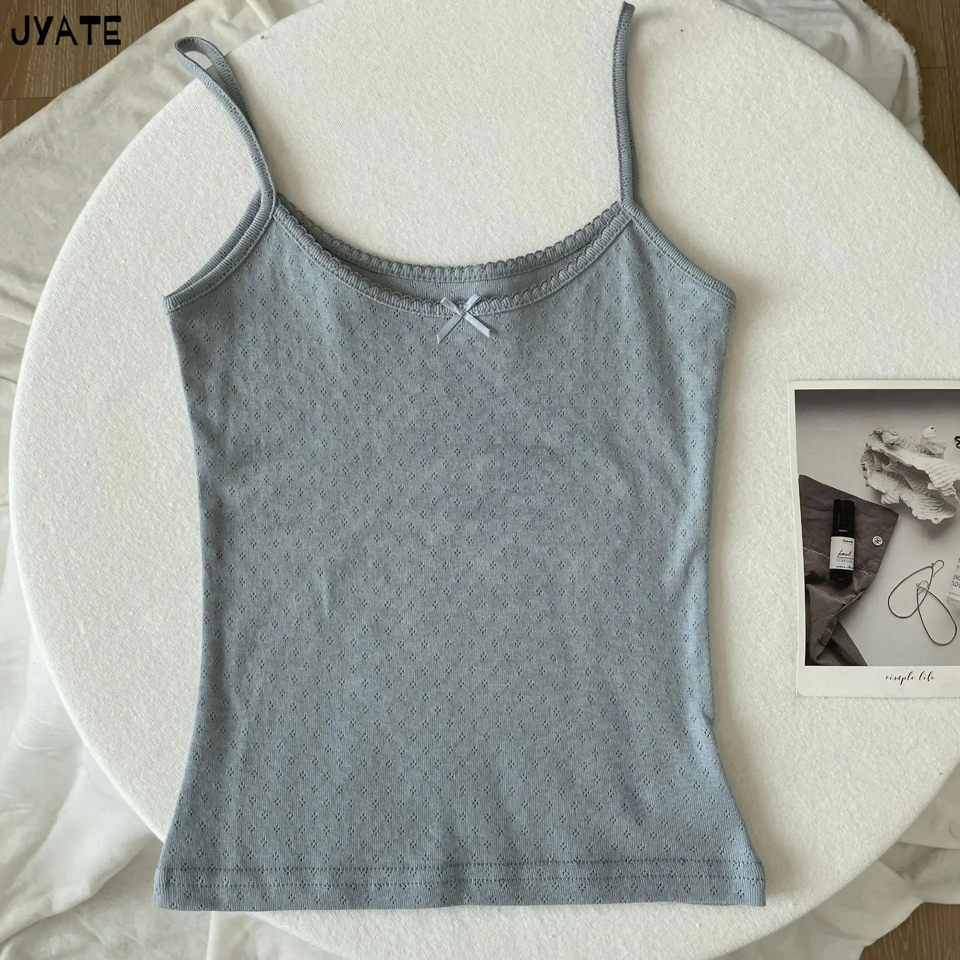 JazzHer Vintage Floral Print Eyelet Bow Cropped Vests Women Streetwear Casual Slim Lace Trim Camis Sweet Preppy Style Cute Tank Tops Y2K
