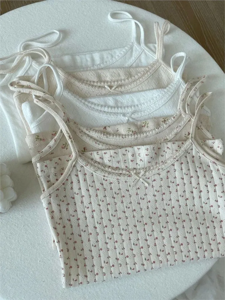 JazzHer Vintage Floral Print Eyelet Bow Cropped Vests Women Streetwear Casual Slim Lace Trim Camis Sweet Preppy Style Cute Tank Tops Y2K