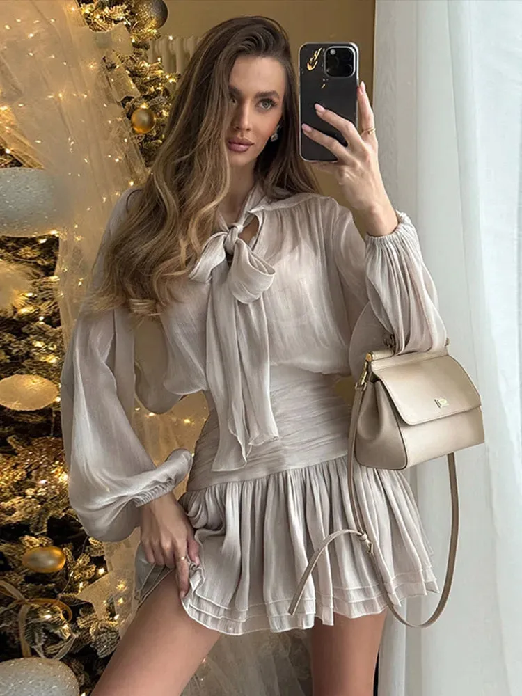 JazzHer Women O-neck Long Lantern Sleeve Blouses High Waist Pleated Skirt Elegant Shinny Bow Lace Up Top Skirts Set 2025 New Lady Outfit