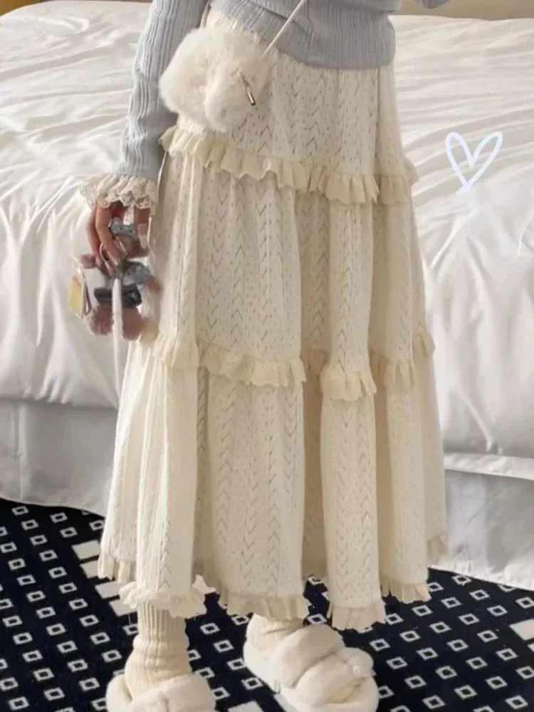 JazzHer Y2k Aesthetic Lace Ruffled Fairy Harajuku Skirt Women Sweet Elegant High Waist Hollow Out Vintage Skirts Streetwear Grunge New