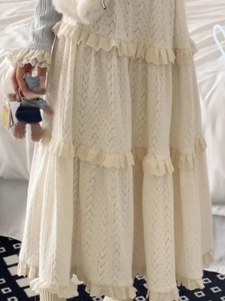 JazzHer Y2k Aesthetic Lace Ruffled Fairy Harajuku Skirt Women Sweet Elegant High Waist Hollow Out Vintage Skirts Streetwear Grunge New