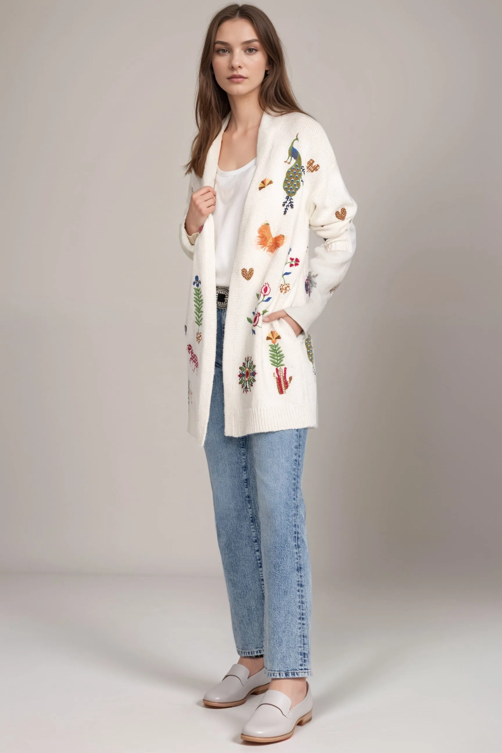 Johnny Was Ivory Adela Embroidered Long Cardigan M60624-I