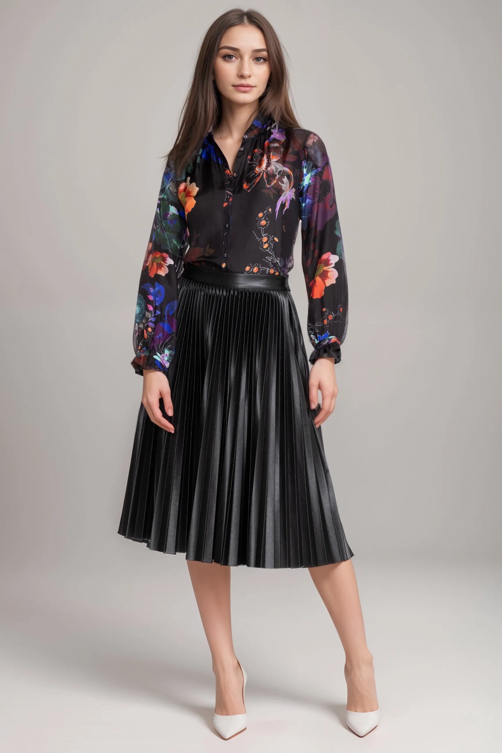 Johnny Was Jade Black Emmi Vegan Leather Pleated Midi Skirt L70724