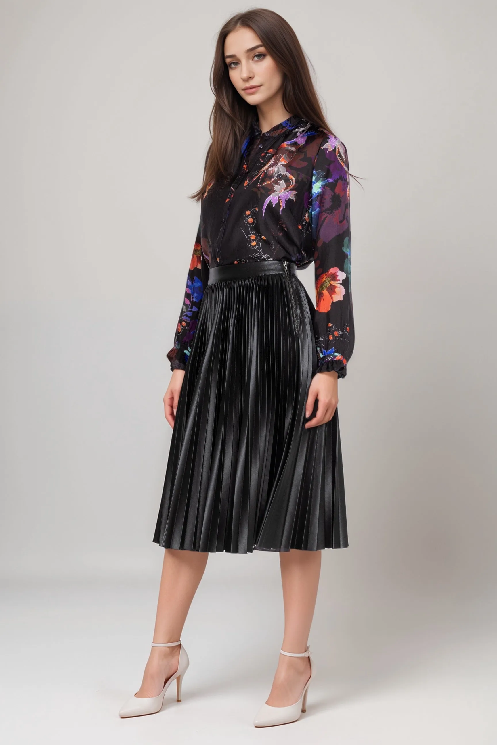 Johnny Was Jade Black Emmi Vegan Leather Pleated Midi Skirt L70724