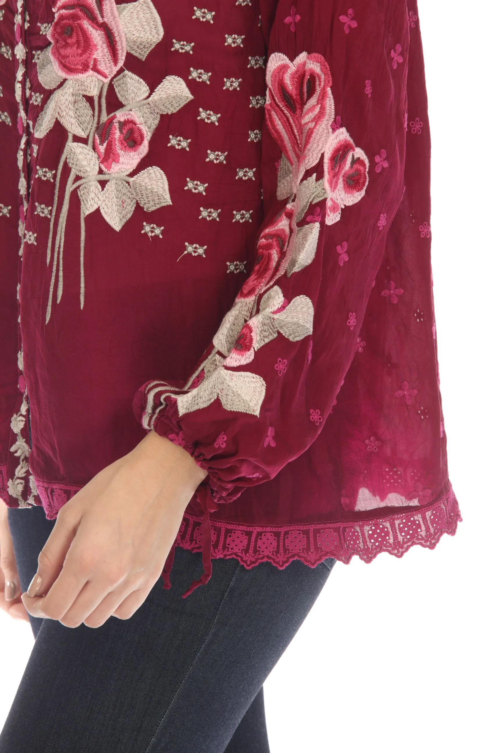 Johnny Was Rosalia Floral Embroidered Long Sleeve Blouse Boho Chic C17022