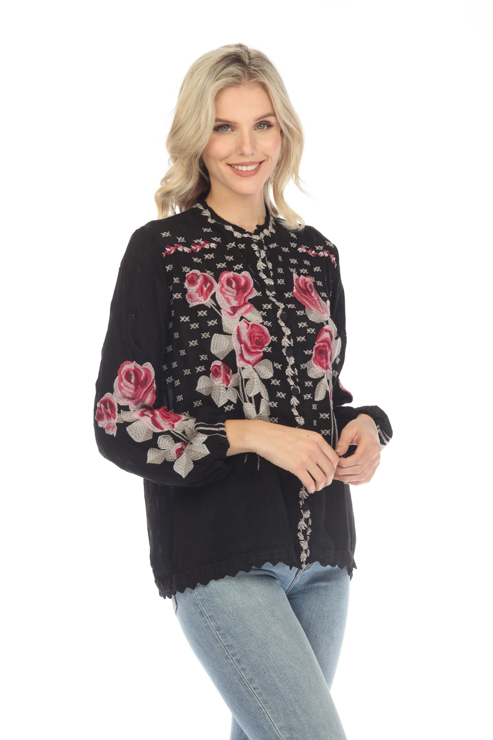 Johnny Was Rosalia Floral Embroidered Long Sleeve Blouse Boho Chic C17022