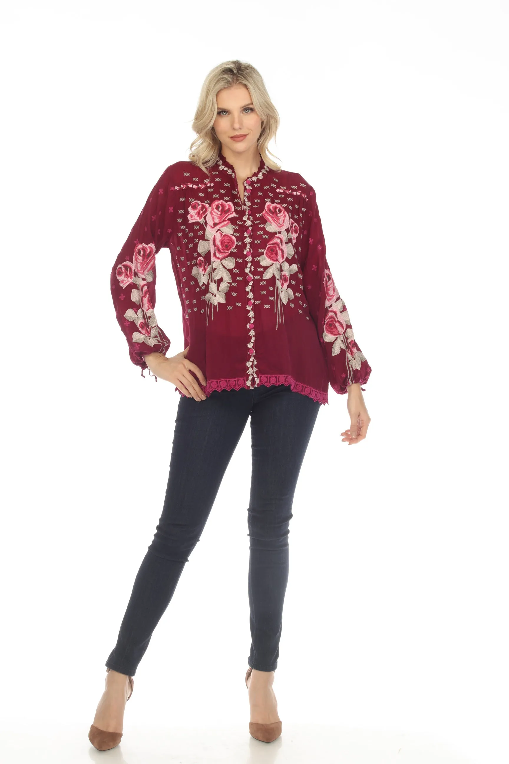 Johnny Was Rosalia Floral Embroidered Long Sleeve Blouse Boho Chic C17022