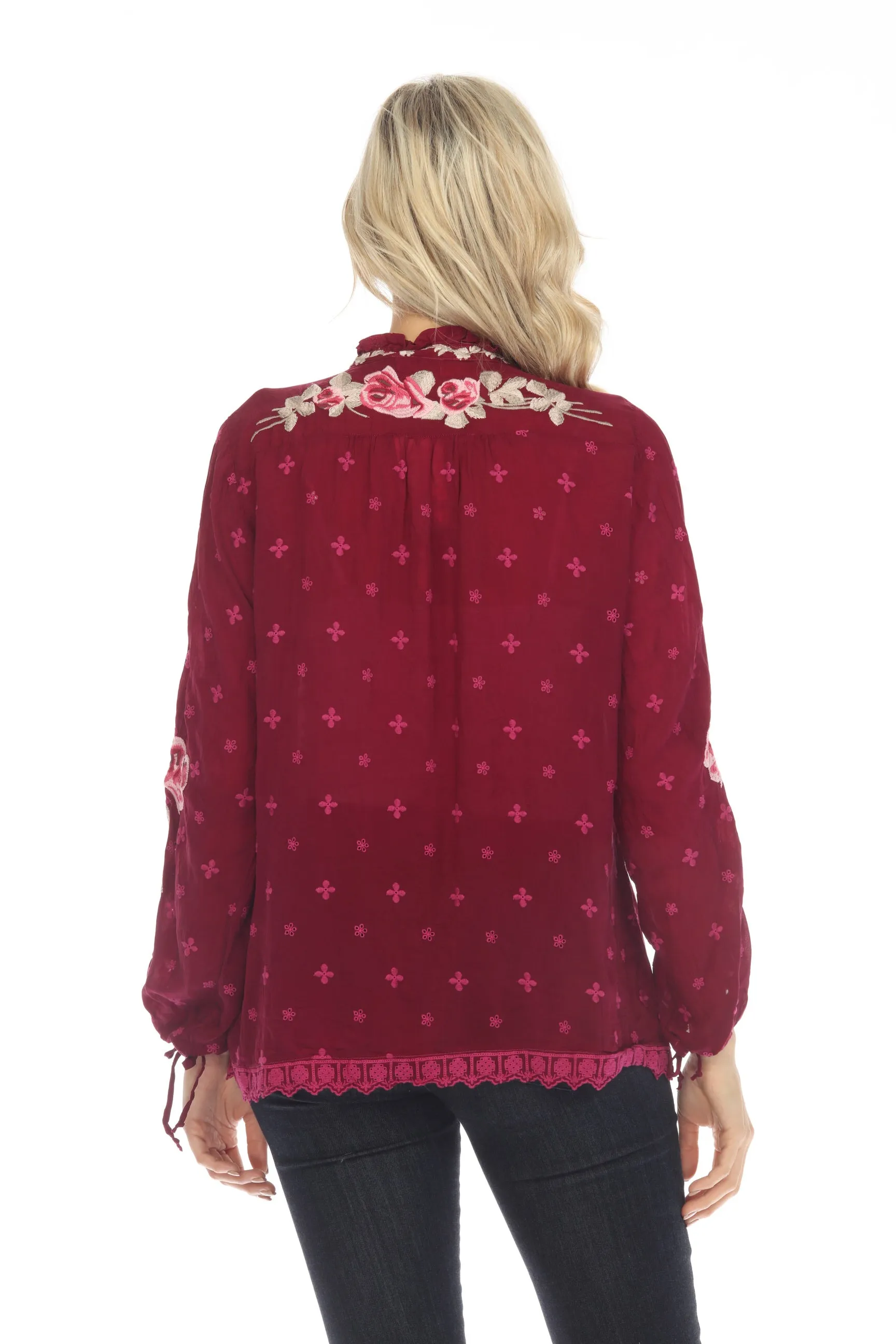 Johnny Was Rosalia Floral Embroidered Long Sleeve Blouse Boho Chic C17022