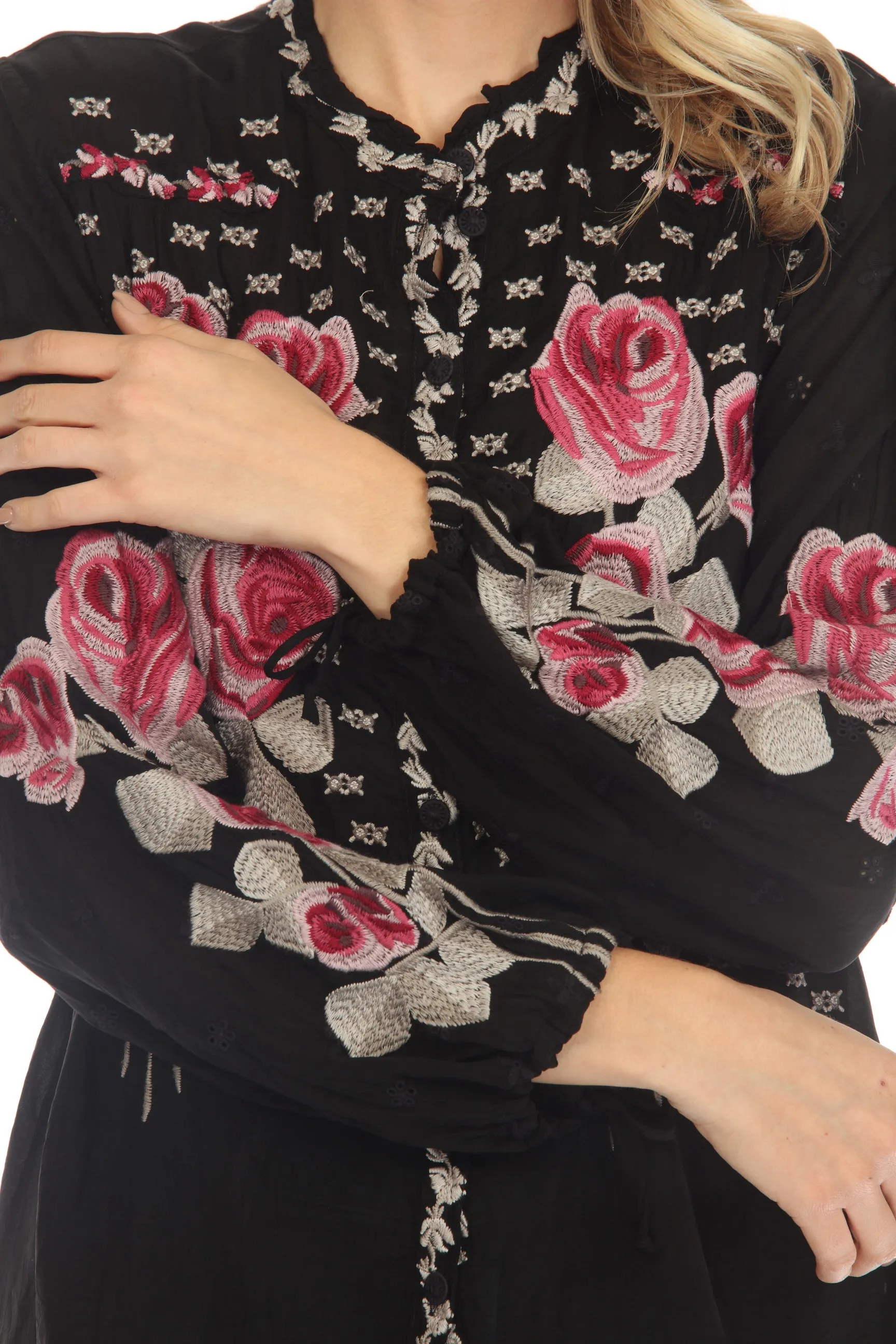 Johnny Was Rosalia Floral Embroidered Long Sleeve Blouse Boho Chic C17022