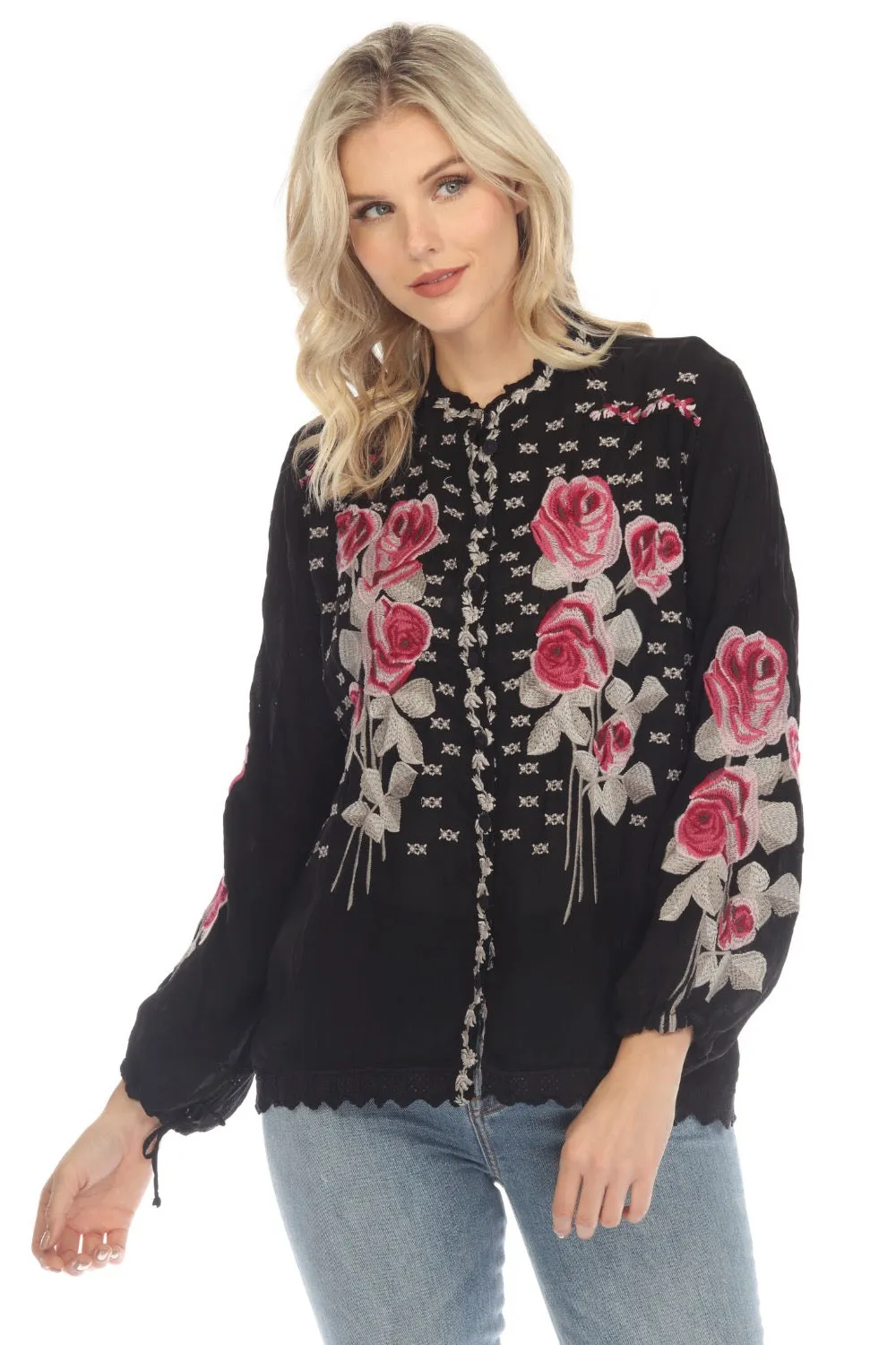 Johnny Was Rosalia Floral Embroidered Long Sleeve Blouse Boho Chic C17022