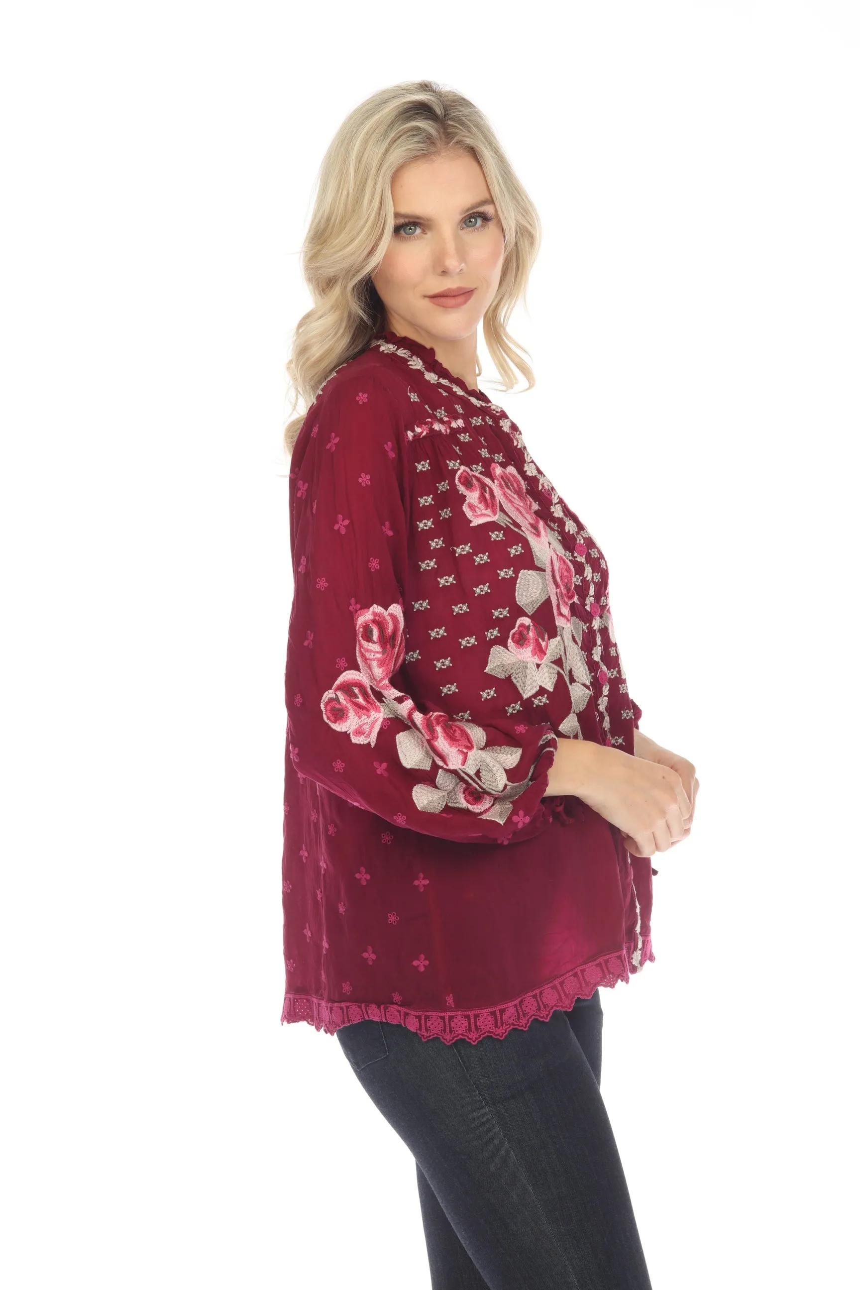 Johnny Was Rosalia Floral Embroidered Long Sleeve Blouse Boho Chic C17022