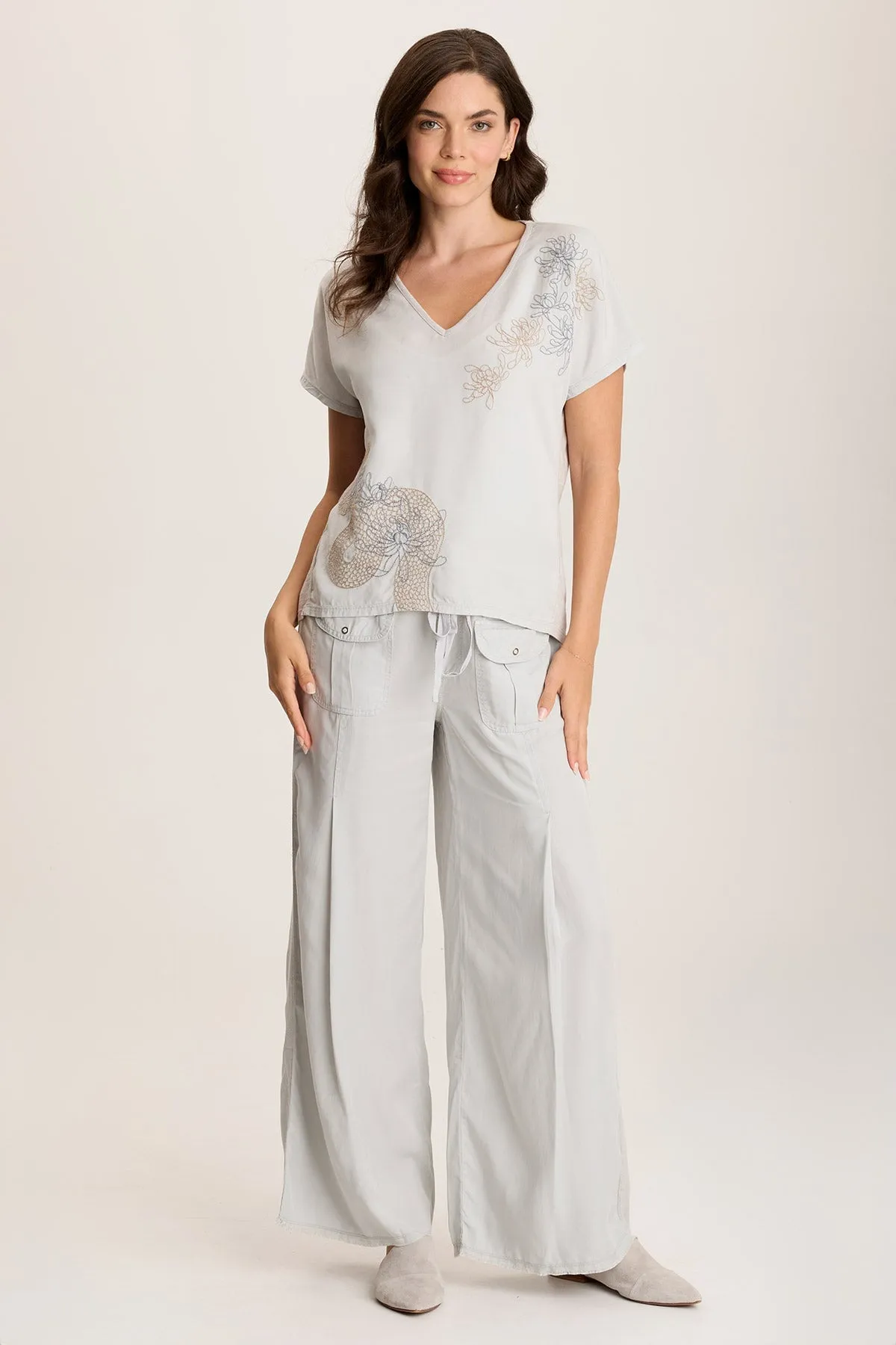 Jolina Twill V-Neck Embroidered Tee