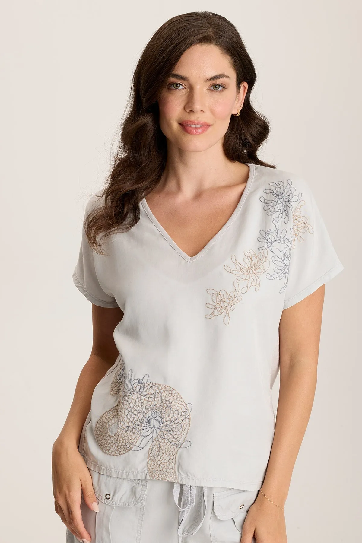 Jolina Twill V-Neck Embroidered Tee