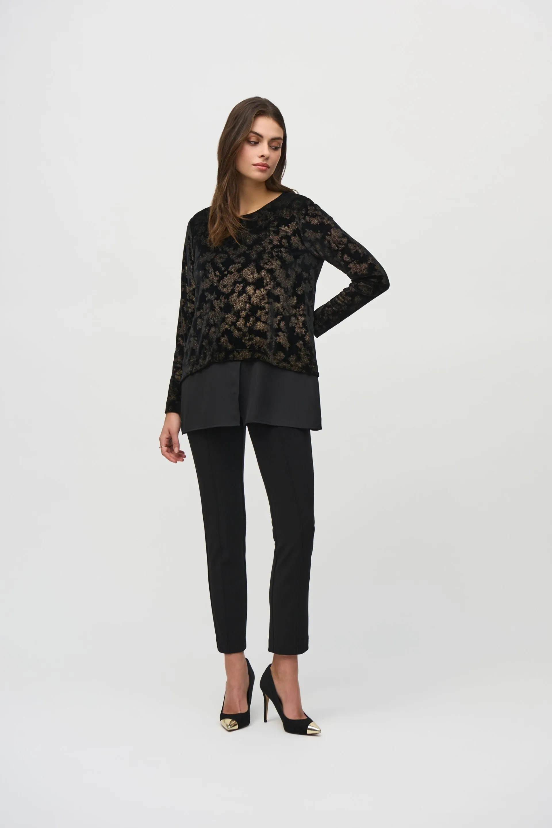 Joseph Ribkoff Black/Gold Foiled Velvet Long Sleeve Top 244228
