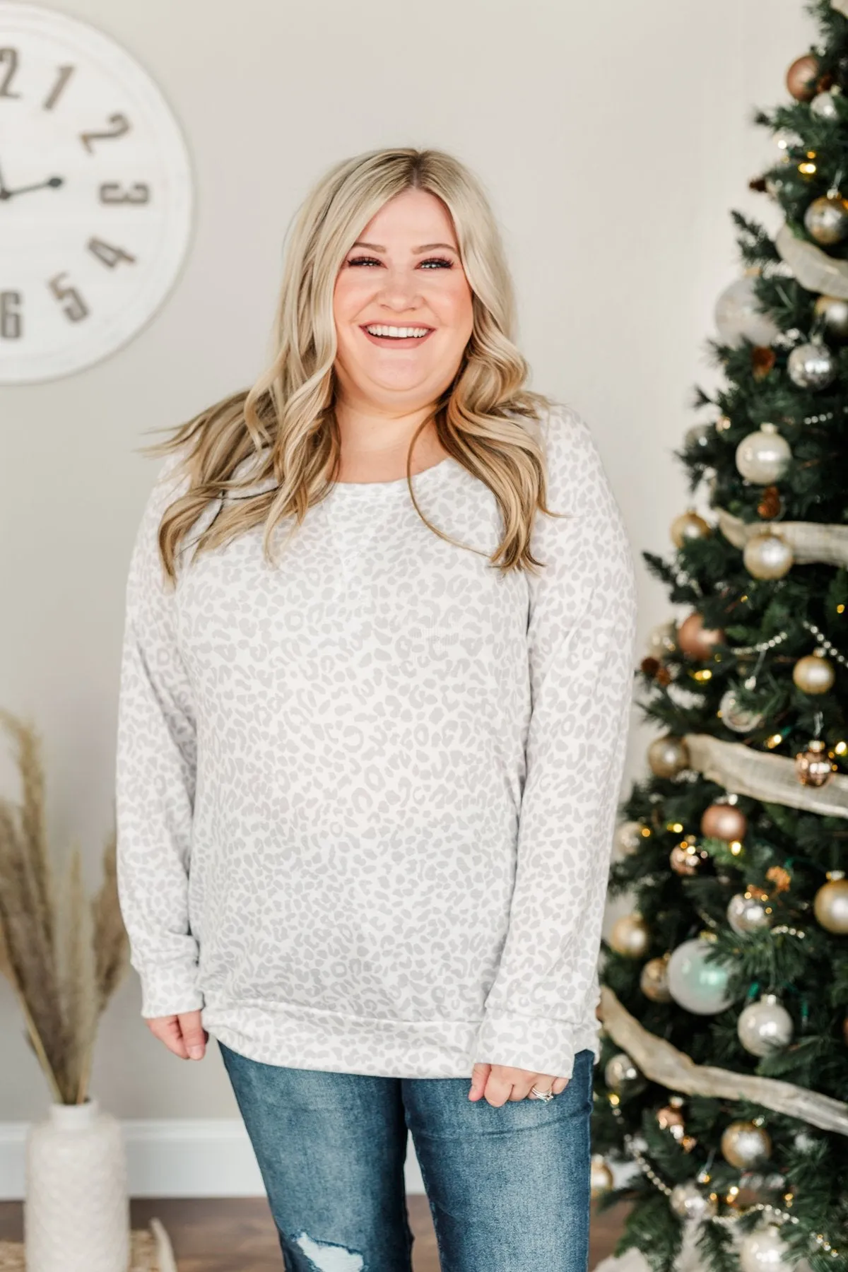 Just Go With It Long Sleeve Leopard Top- Off White & Silver
