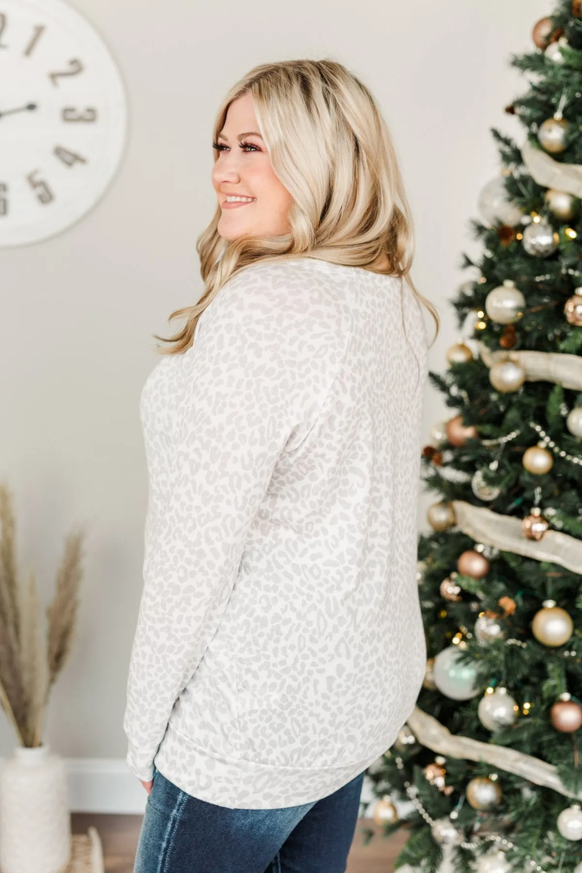 Just Go With It Long Sleeve Leopard Top- Off White & Silver
