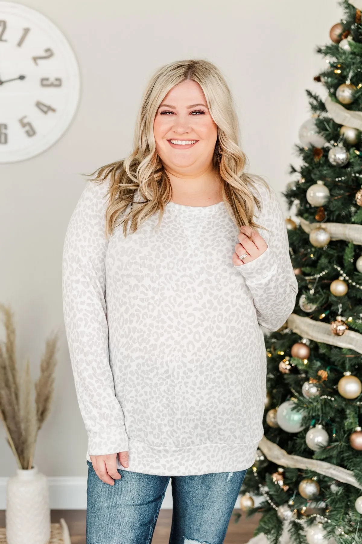 Just Go With It Long Sleeve Leopard Top- Off White & Silver