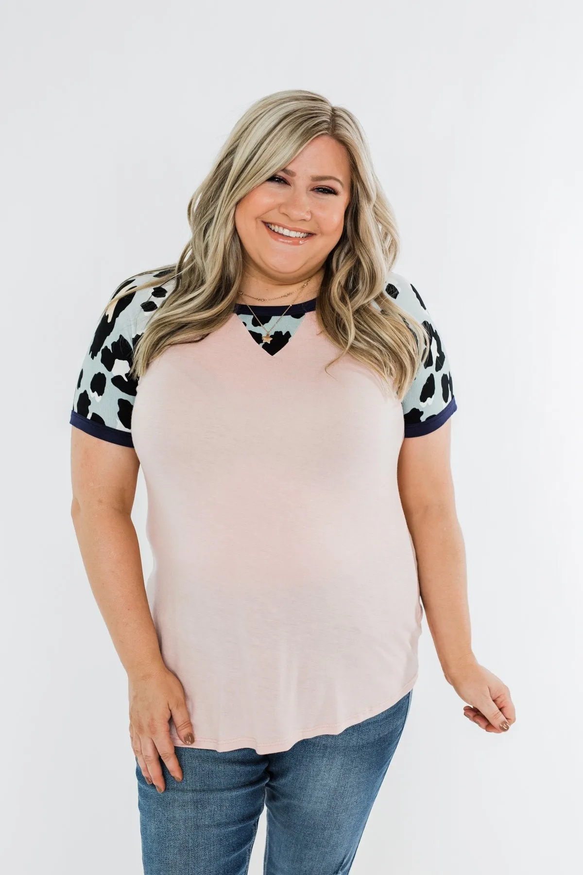 Just Like That Leopard Raglan Top- Light Pink & Navy