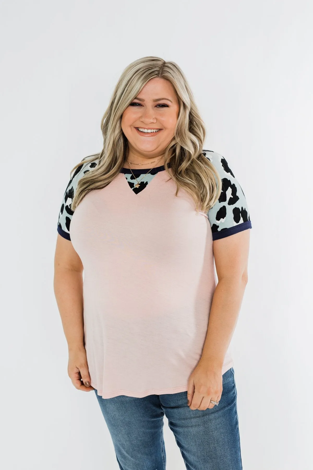 Just Like That Leopard Raglan Top- Light Pink & Navy