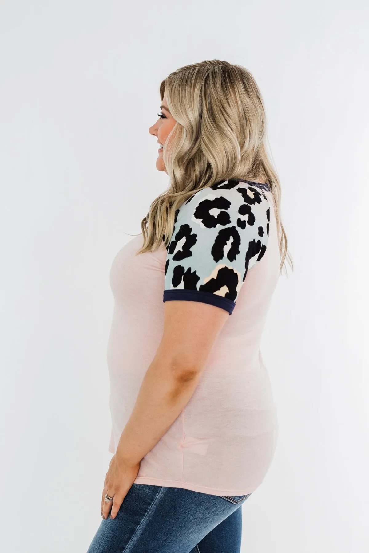 Just Like That Leopard Raglan Top- Light Pink & Navy