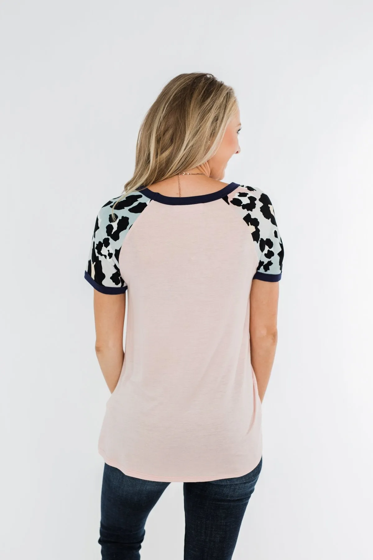 Just Like That Leopard Raglan Top- Light Pink & Navy
