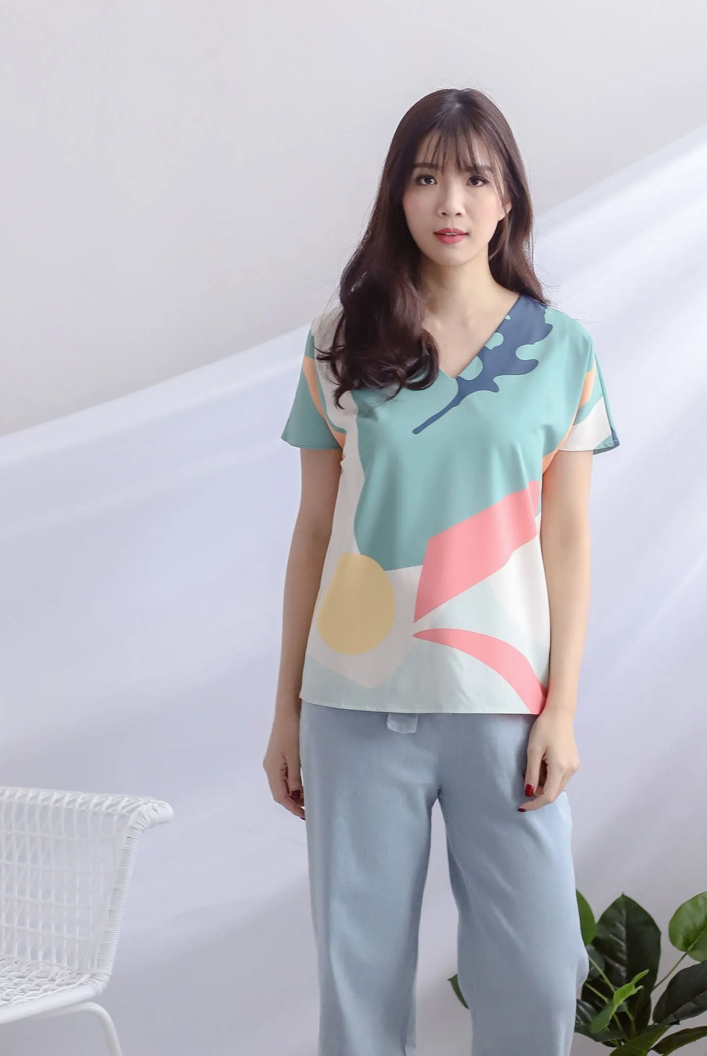 Karla Abstract Sleeved Top In Green