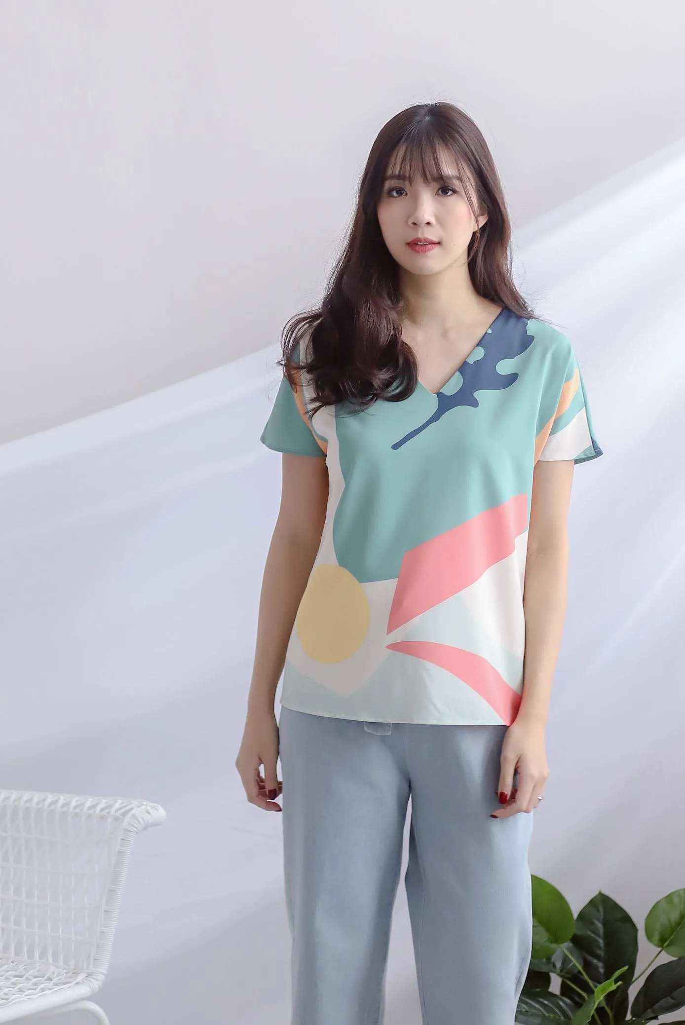 Karla Abstract Sleeved Top In Green
