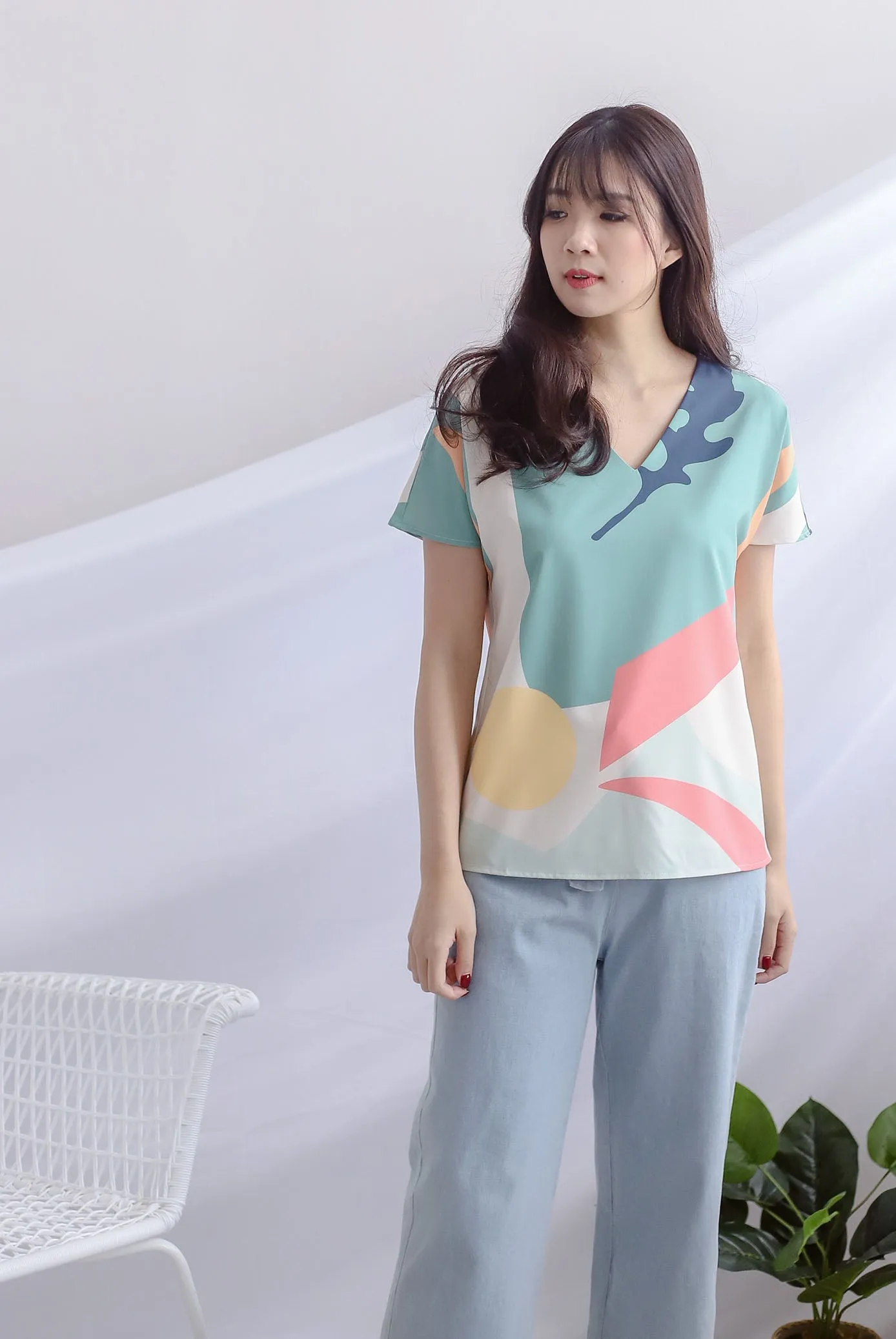 Karla Abstract Sleeved Top In Green