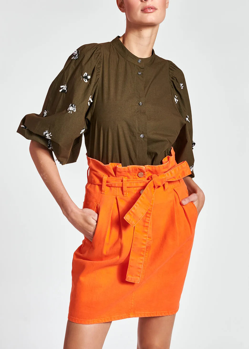 Khaki green cotton-poplin embroidered puffed-sleeve shirt
