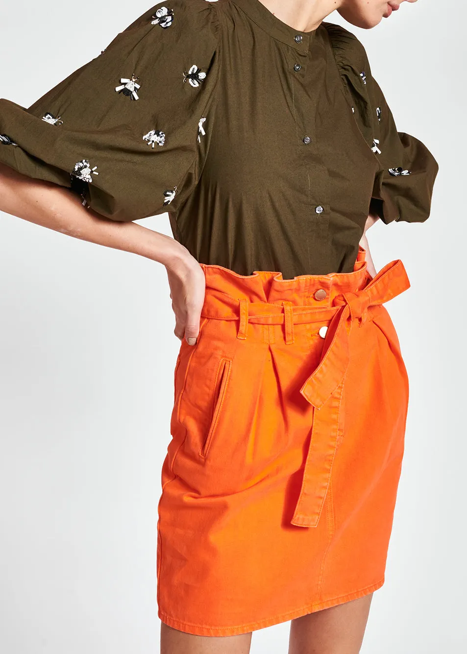 Khaki green cotton-poplin embroidered puffed-sleeve shirt