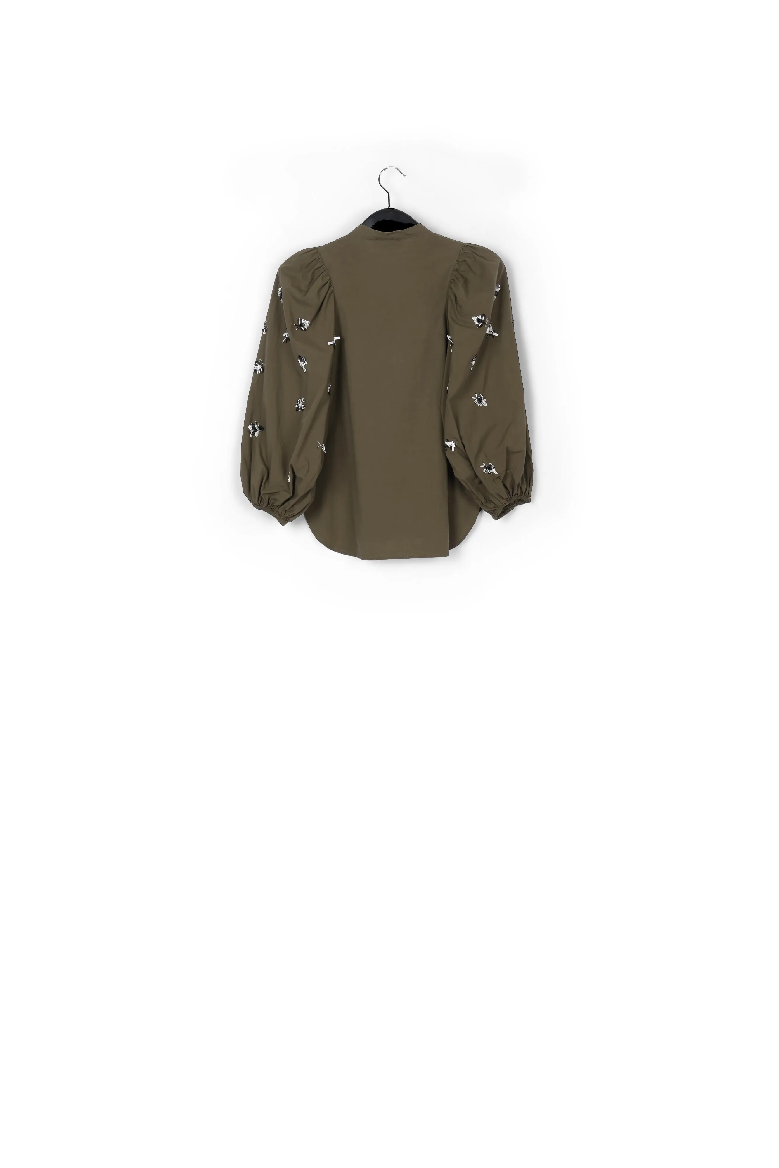 Khaki green cotton-poplin embroidered puffed-sleeve shirt
