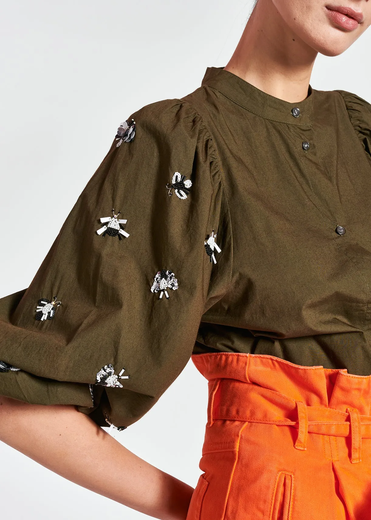 Khaki green cotton-poplin embroidered puffed-sleeve shirt