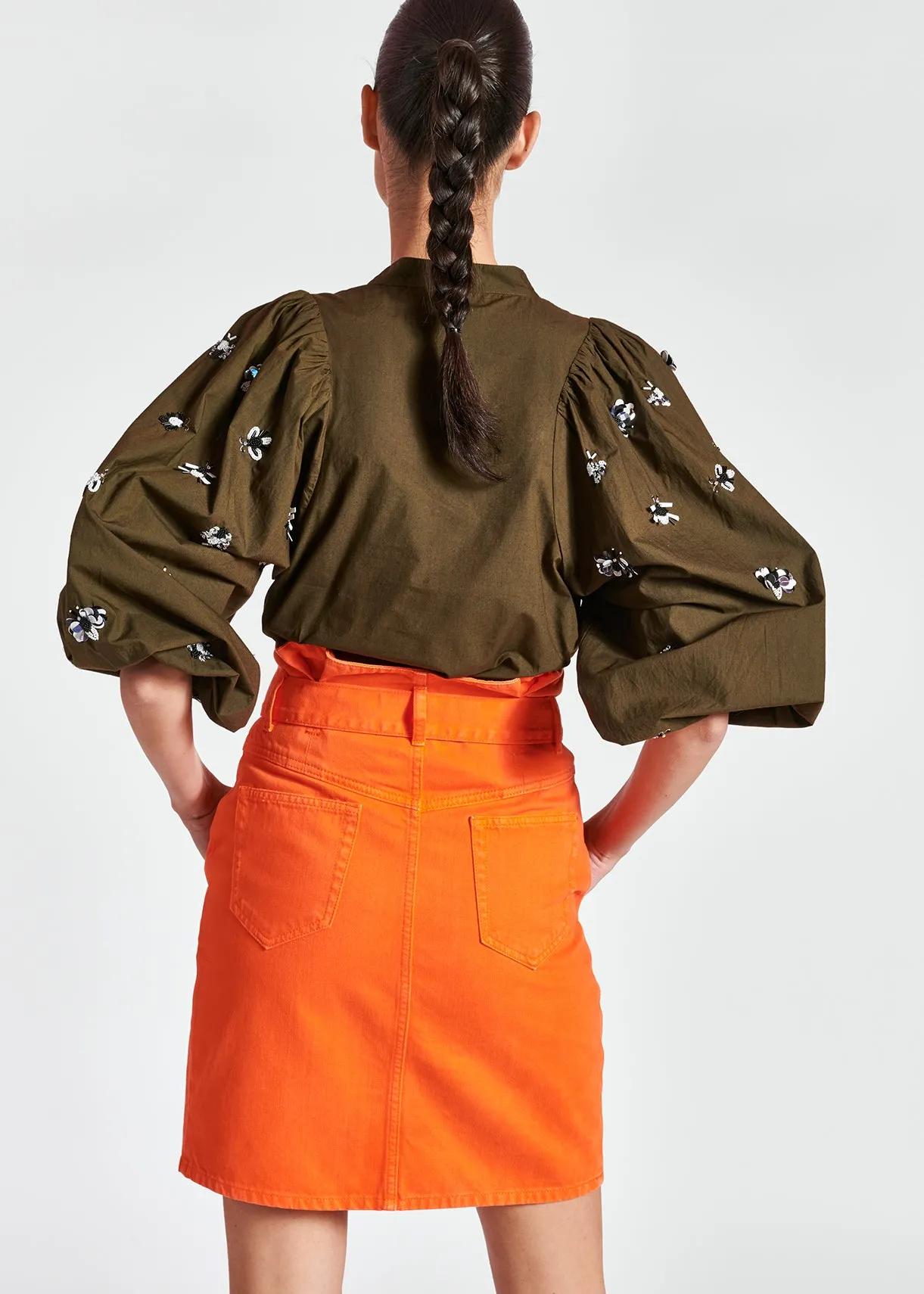 Khaki green cotton-poplin embroidered puffed-sleeve shirt
