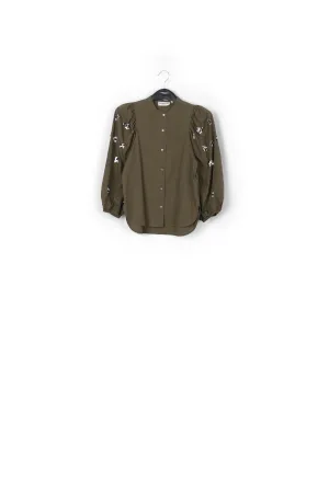 Khaki green cotton-poplin embroidered puffed-sleeve shirt