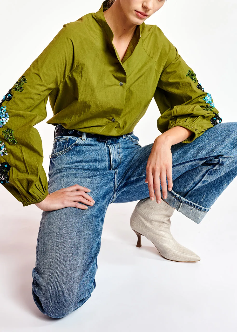 Khaki green sequin-embroidered shirt