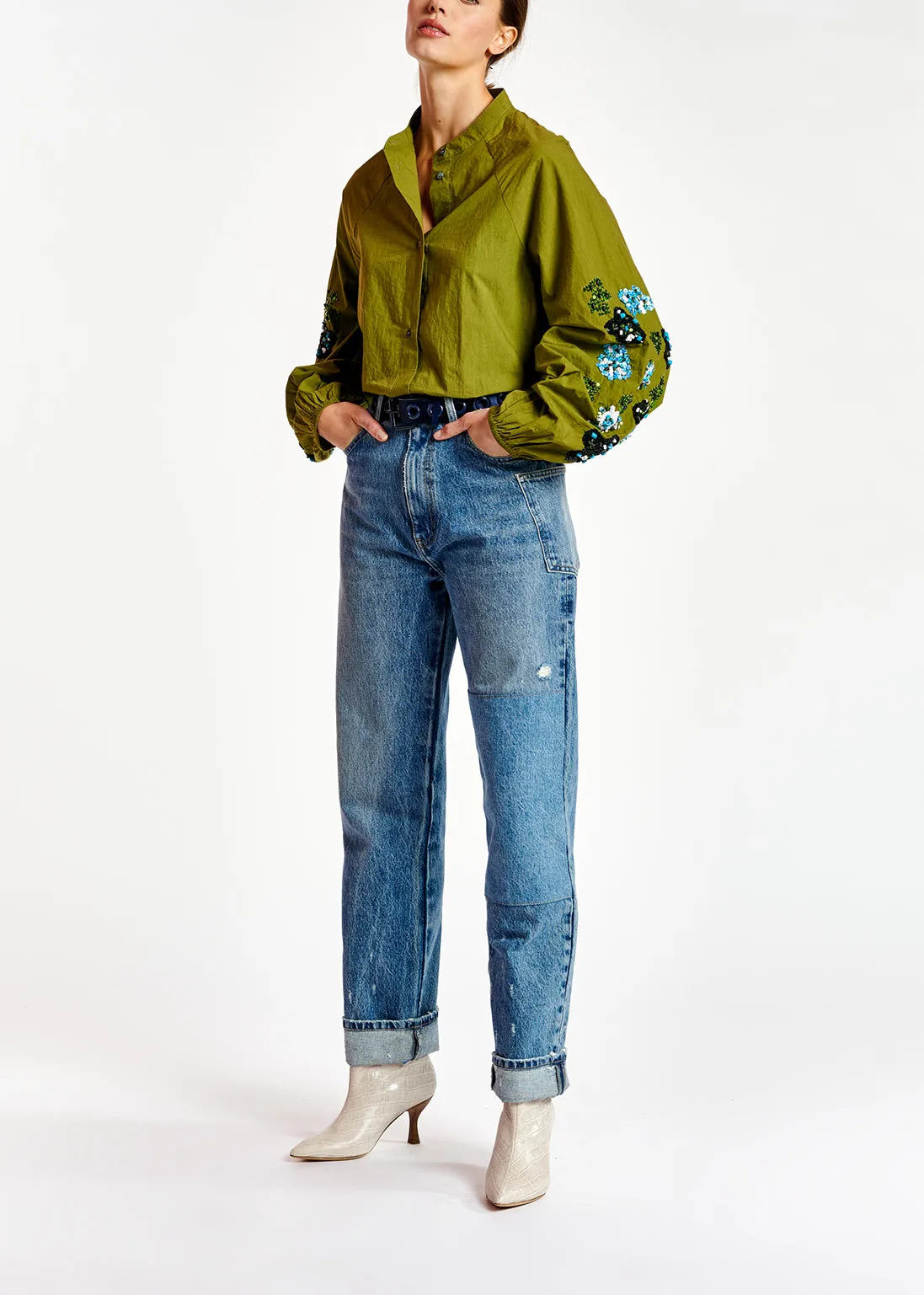 Khaki green sequin-embroidered shirt