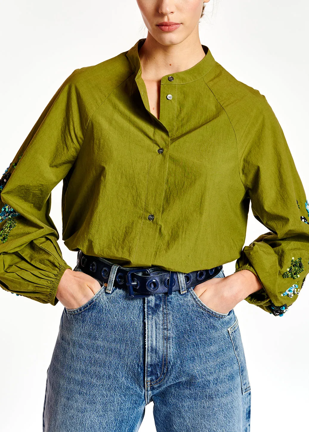 Khaki green sequin-embroidered shirt