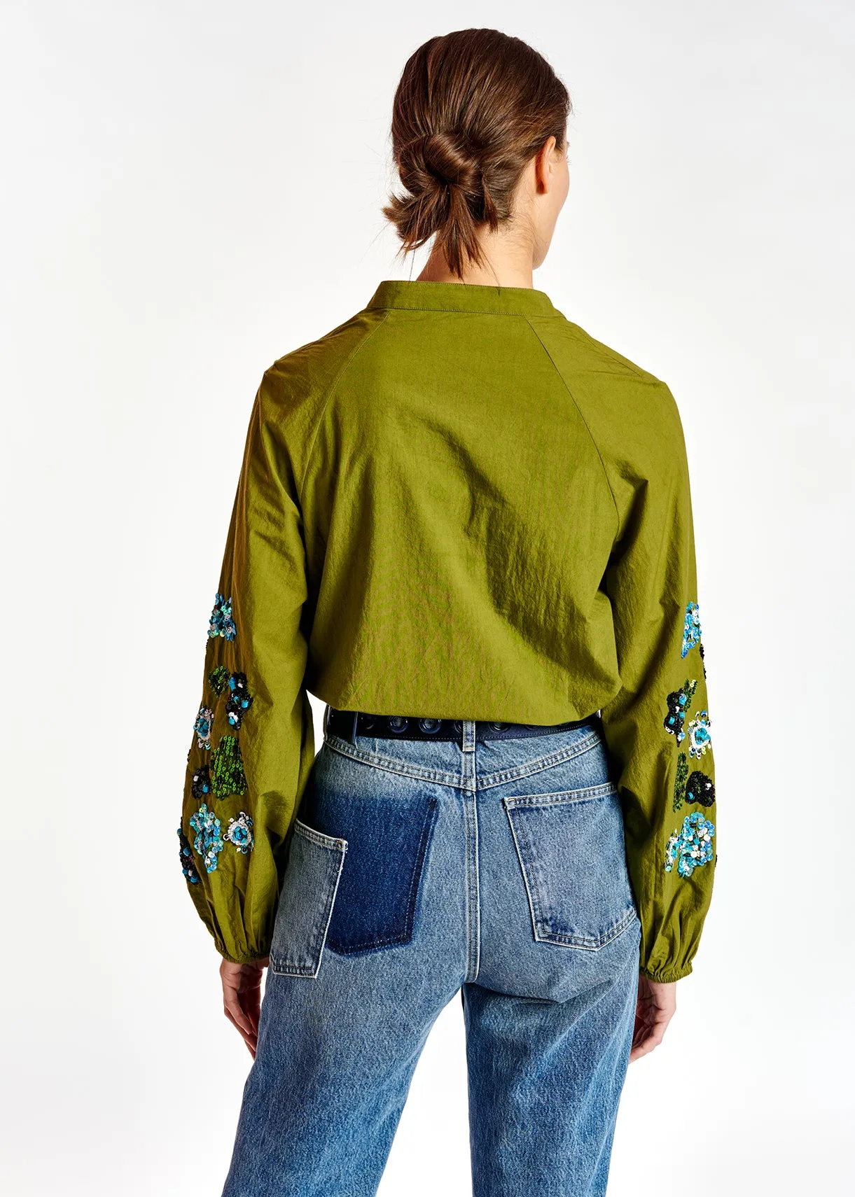 Khaki green sequin-embroidered shirt