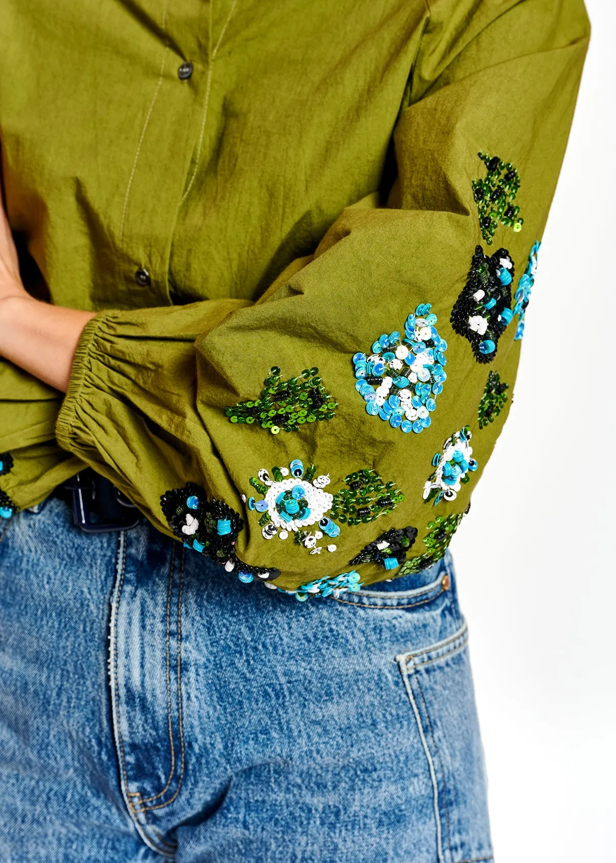 Khaki green sequin-embroidered shirt
