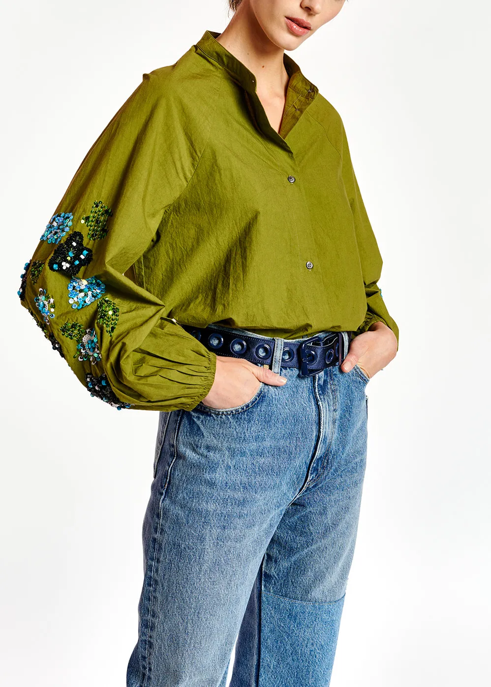 Khaki green sequin-embroidered shirt