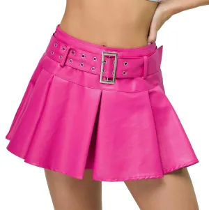 Kisidoo Y2K Mini Skirt Buckle Belted High Waisted Pleated Flare PU Faux Leather Short Goth Skirts for Women