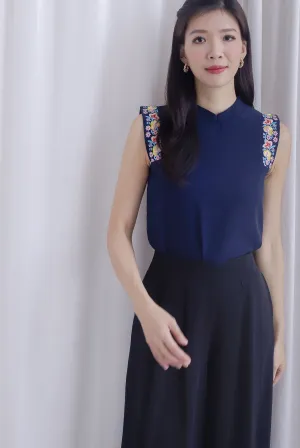 Kismet Embro Sleeve Cheong Sam Top In Navy Blue