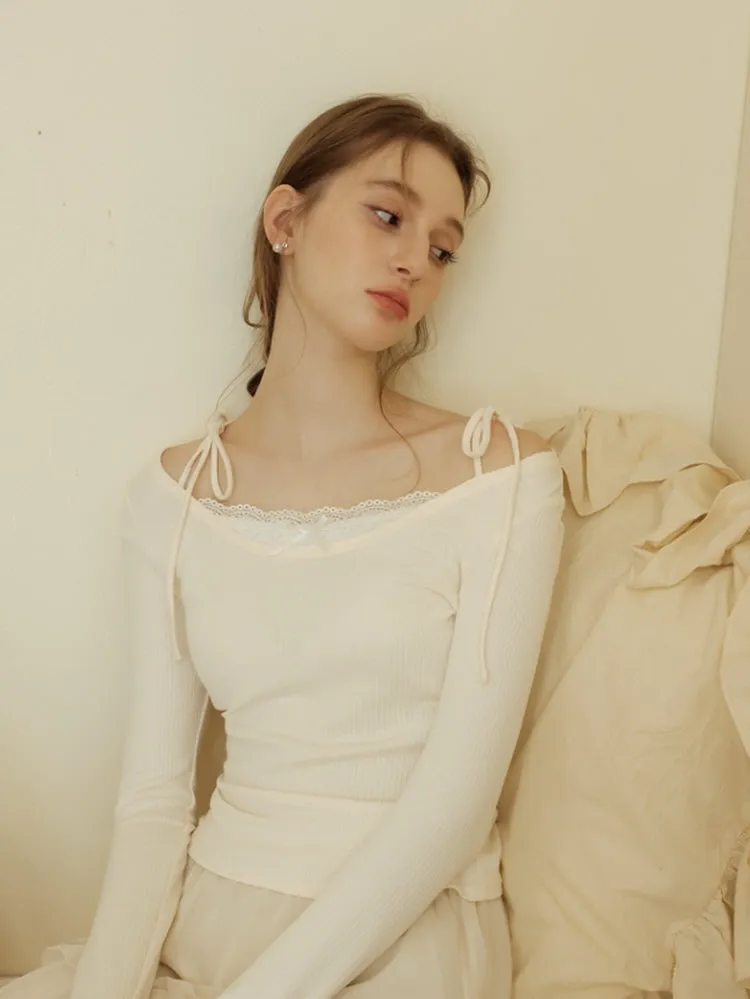 Lace Ribbon Off-Shoulder Knit Top