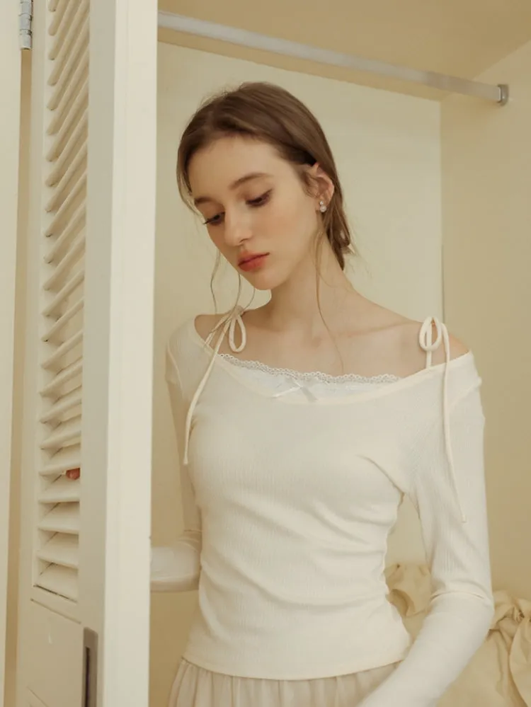 Lace Ribbon Off-Shoulder Knit Top
