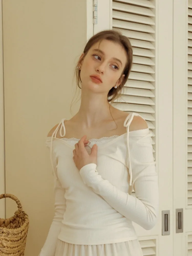 Lace Ribbon Off-Shoulder Knit Top