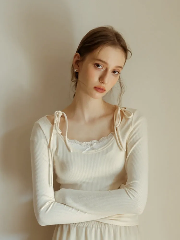 Lace Ribbon Off-Shoulder Knit Top