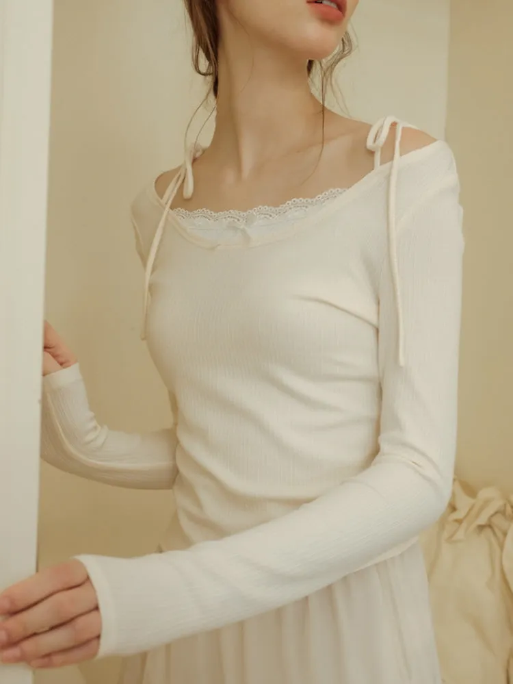 Lace Ribbon Off-Shoulder Knit Top