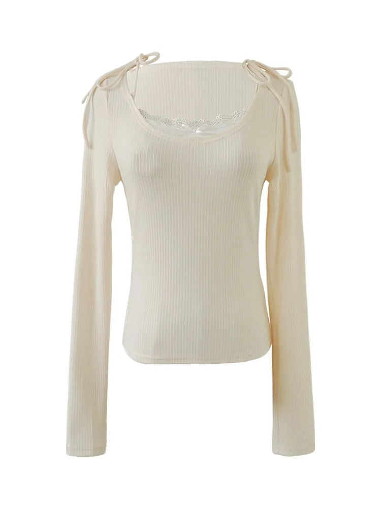 Lace Ribbon Off-Shoulder Knit Top