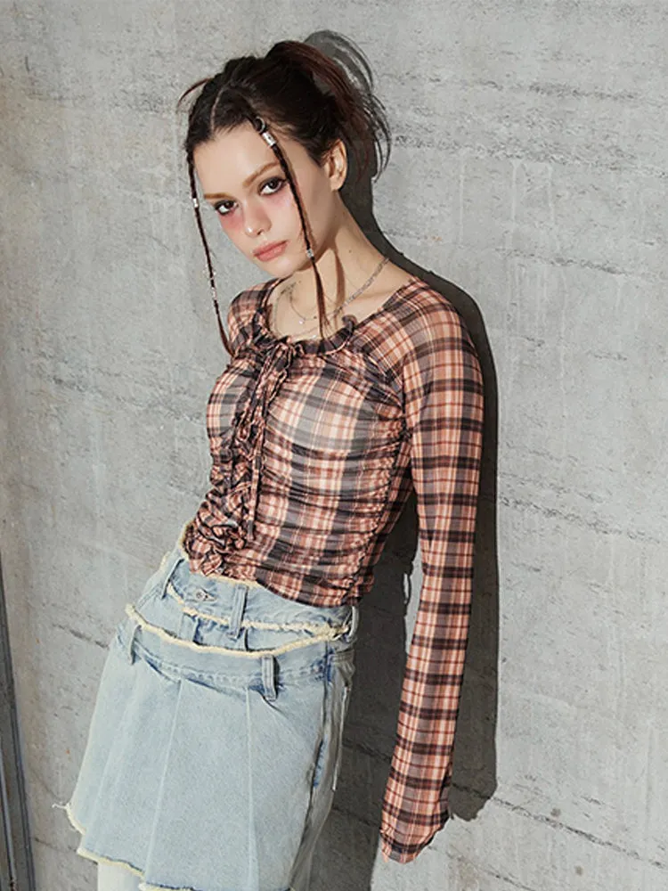 Lace-Up Shirring Plaid Top
